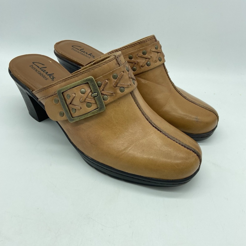Clarks Bendables Clogs Shoes Women 7.5 Mule Brown Leather Slip On Casual Heels - Picture 2 of 16